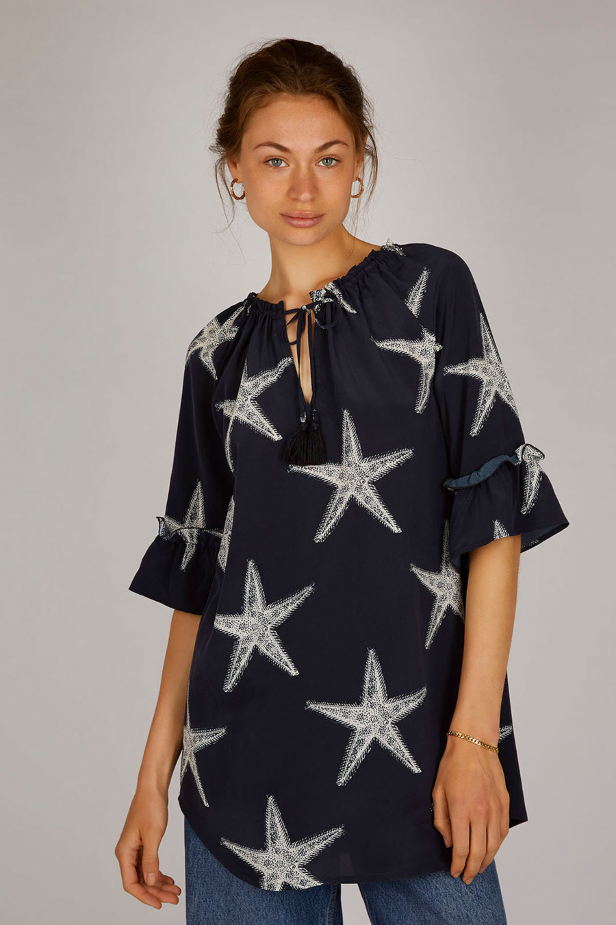 DANYA - Printed tunic in pure silk - Colour: Starfish Navi