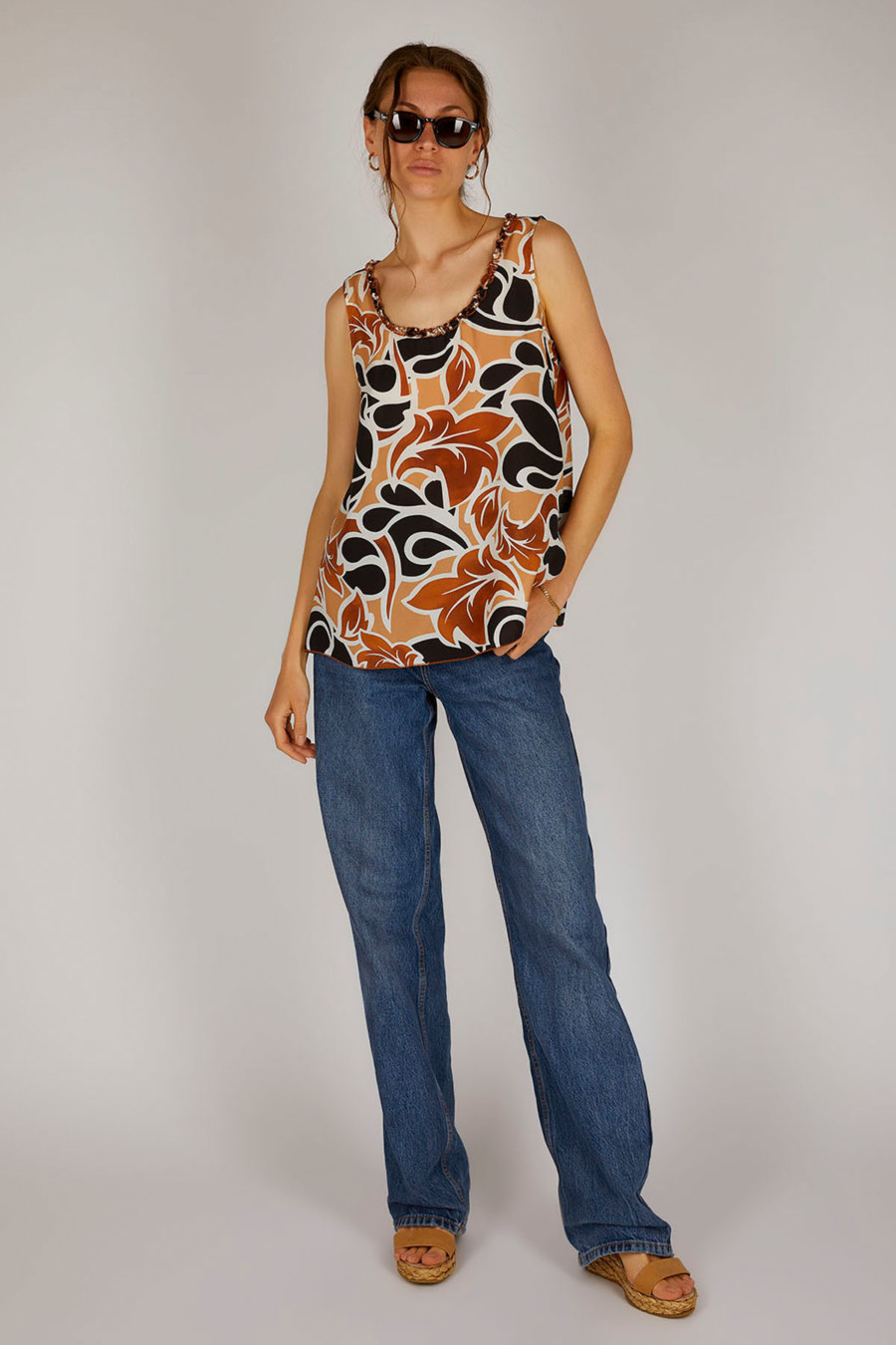 POLLY - Flowing top with wide straps - Colour: Leaves