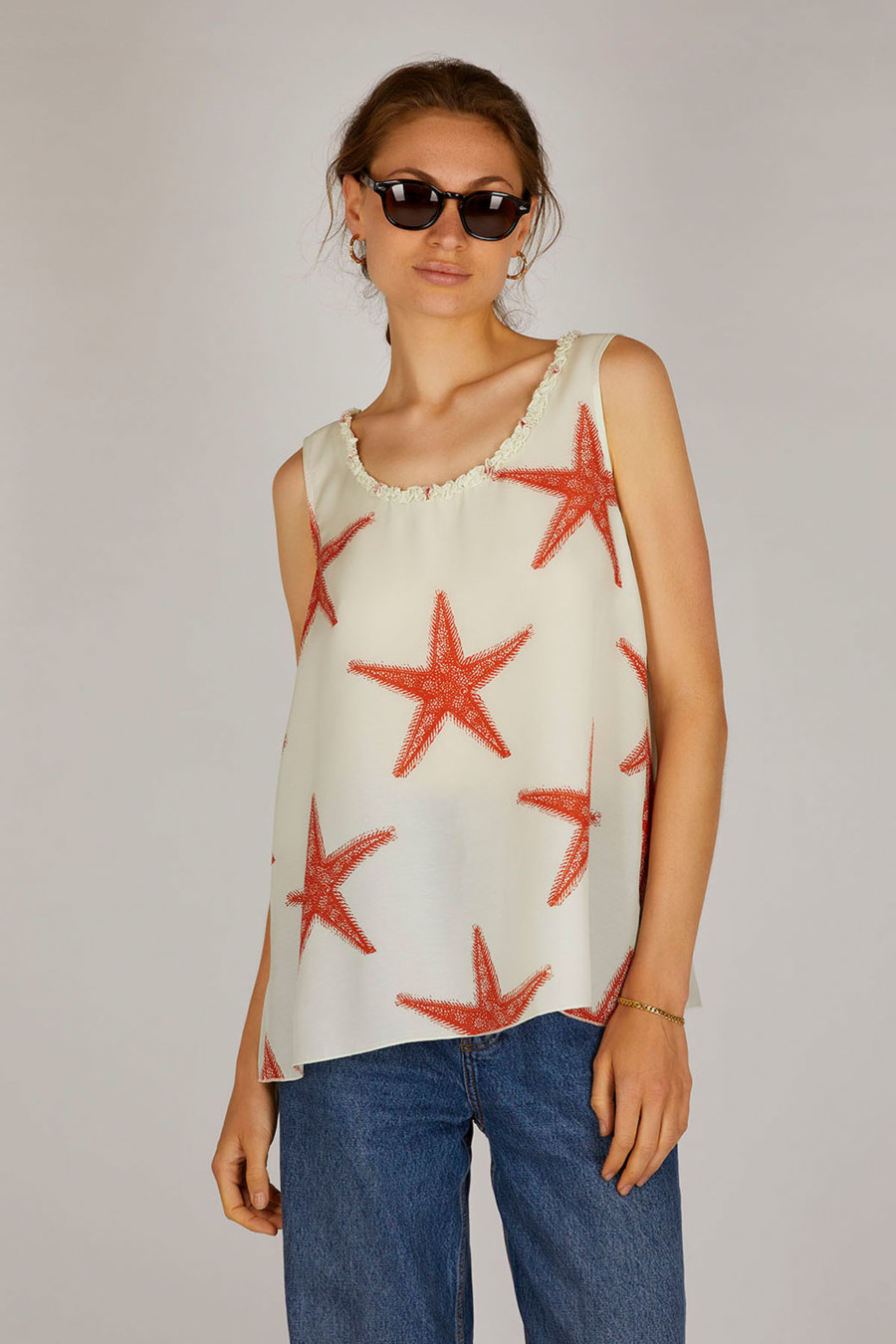 POLLY - Flowing top with wide straps - Colour: Flores Cayenne