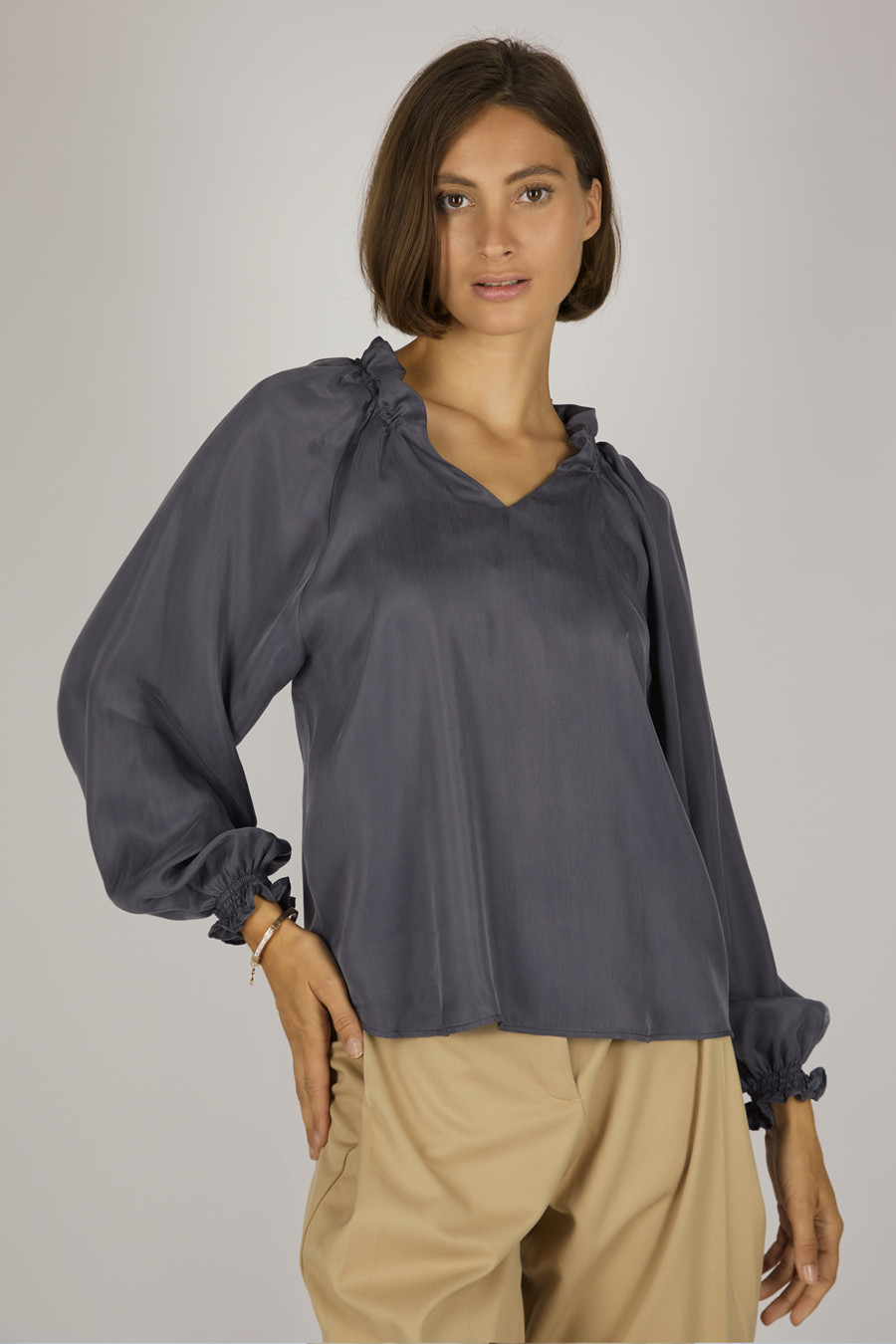 PARIS - Shirt blouse with smocked cuffs - color: slate